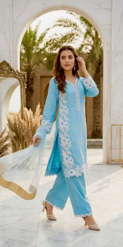 ST 213 Sky Blue Color Natural Crep Salwar Suit with Embroidery Work. Wedding, Party, Festive, Best Price ₹1899. Delivery 4-6 Working Days. Shop now. | Jump Suits, Salwar suit, Casual Suits, Creative suits, Designer Suits, Palazzo Suits, Party Wear Suits, Patiala Suits, Straight Suits