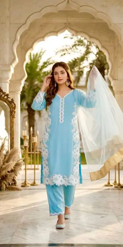 ST 213 Sky Blue Color Natural Crep Salwar Suit with Embroidery Work. Wedding, Party, Festive, Best Price ₹1899. Delivery 4-6 Working Days. Shop now. | Jump Suits, Salwar suit, Casual Suits, Creative suits, Designer Suits, Palazzo Suits, Party Wear Suits, Patiala Suits, Straight Suits