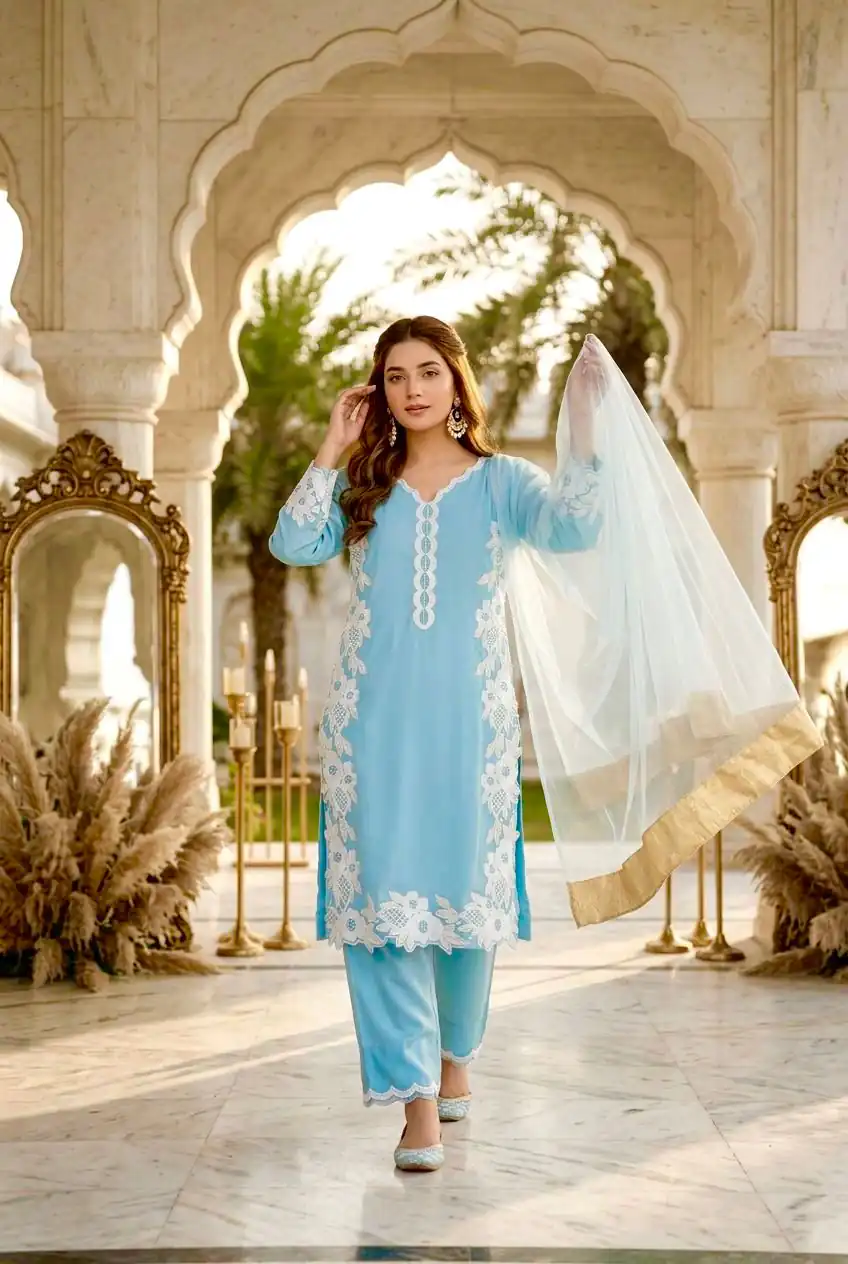 ST 213 Sky Blue Color Natural Crep Salwar Suit with Embroidery Work. Wedding, Party, Festive, Best Price ₹1899. Delivery 4-6 Working Days. Shop now. | Jump Suits, Salwar suit, Casual Suits, Creative suits, Designer Suits, Palazzo Suits, Party Wear Suits, Patiala Suits, Straight Suits