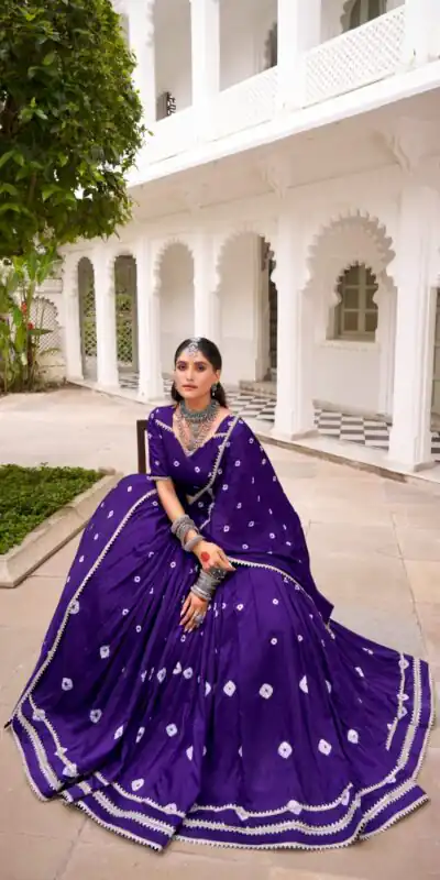 Purple Chanderi Bandhej Lehenga Choli | Lehenga, Bollywood Lehenga, Creative Lehenga, Designer Lehenga, Embroidered Lehenga, Party Wear Lehenga