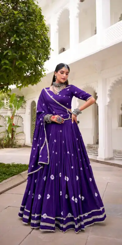 Purple Chanderi Bandhej Lehenga Choli | Lehenga, Bollywood Lehenga, Creative Lehenga, Designer Lehenga, Embroidered Lehenga, Party Wear Lehenga