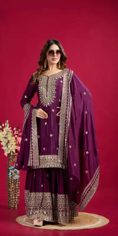 Purple Chinnon Silk With Embroidery Work Sharara Suit | Jump Suits, Salwar suit, Casual Suits, Creative suits, Designer Suits, Palazzo Suits, Party Wear Suits, Patiala Suits, Straight Suits