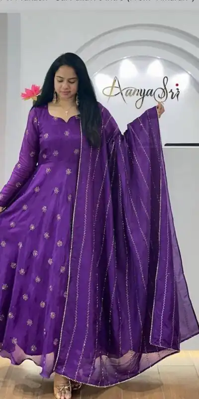 Purple Chinon Embroidery Work Gown | Gowns, Bollywood Gowns, Creative Gowns, Designer Gowns, Embroidered Gowns, Party Wear Gowns
