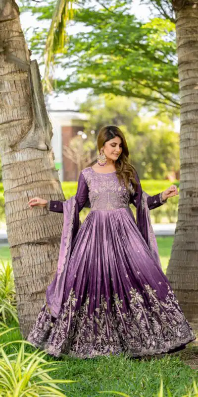 Purple Chinon Sequence Embroidery Work Gown | Gowns, Bollywood Gowns, Creative Gowns, Designer Gowns, Embroidered Gowns, Party Wear Gowns, Straight Suits