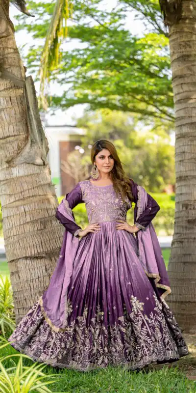 Purple Chinon Sequence Embroidery Work Gown | Gowns, Bollywood Gowns, Creative Gowns, Designer Gowns, Embroidered Gowns, Party Wear Gowns, Straight Suits