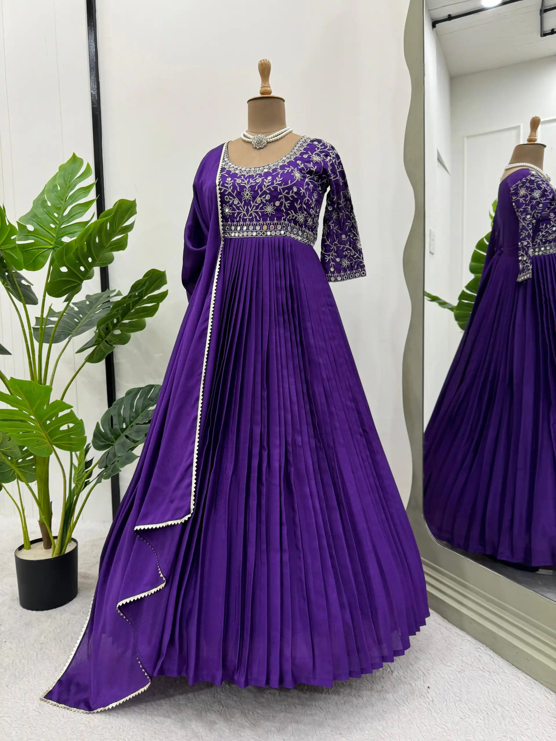 Purple Chinon Silk Thread Real Mirror Gown | Gowns, Bollywood Gowns, Creative Gowns, Designer Gowns, Embroidered Gowns, Party Wear Gowns, Straight Suits