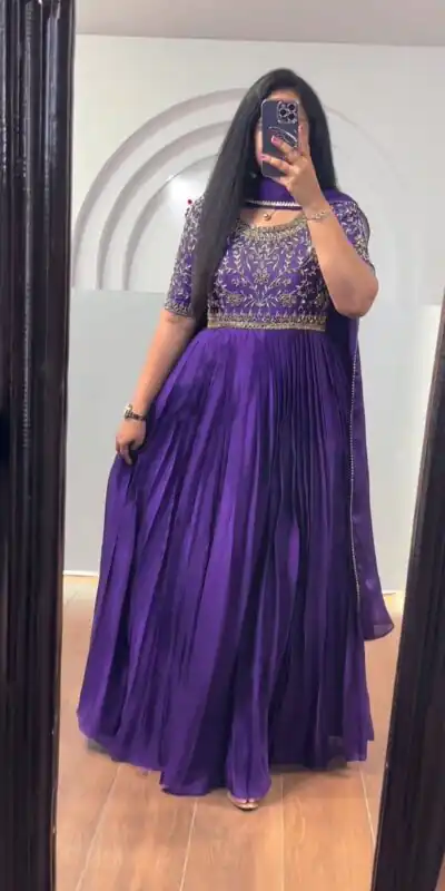 Purple Chinon Silk Thread Real Mirror Gown | Gowns, Bollywood Gowns, Creative Gowns, Designer Gowns, Embroidered Gowns, Party Wear Gowns, Straight Suits