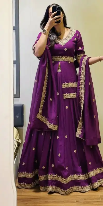 Purple Chinon Silk Thread Work Lehenga Choli | Lehenga, Bollywood Lehenga, Creative Lehenga, Designer Lehenga, Embroidered Lehenga, Party Wear Lehenga