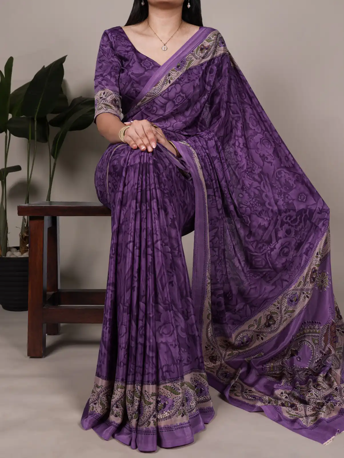 Purple Crepe With Printed Saree | Sarees, Bollywood Sarees, Creative Sarees, Designer Sarees, Embroidered Sarees, Ethnic Saree, Modern Digital sarees, Party Wear Sarees