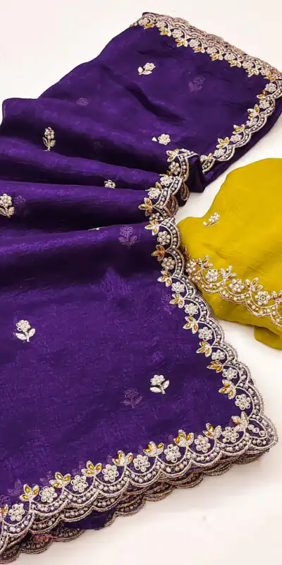 Purple Crunchy Chiffon Embroidery Work Saree | Sarees, Bollywood Sarees, Creative Sarees, Designer Sarees, Embroidered Sarees, Ethnic Saree, Modern Digital sarees, Party Wear Sarees