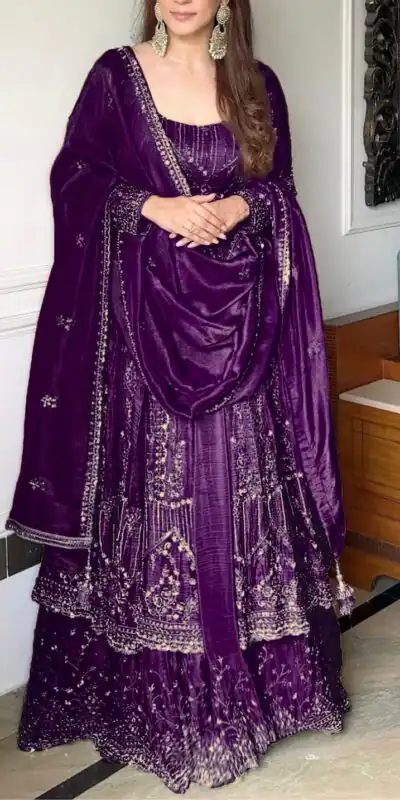 Purple Crunchy Silk Lace Embroidery Work Gown | Gowns, Bollywood Gowns, Creative Gowns, Designer Gowns, Embroidered Gowns, Party Wear Gowns