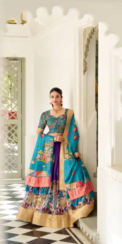 Purple Dola Silk Lace Work Kalamkari Print Lehenga Choli | Lehenga, Bollywood Lehenga, Creative Lehenga, Designer Lehenga, Embroidered Lehenga, Party Wear Lehenga