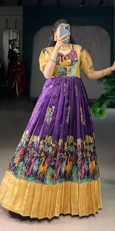 Purple Dola Silk Weaving Work Gown | Gowns, Bollywood Gowns, Creative Gowns, Designer Gowns, Embroidered Gowns, Party Wear Gowns