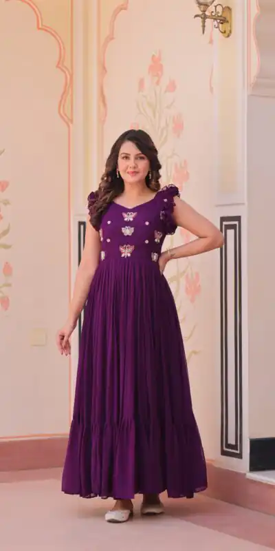 Purple Faux Blooming Sequins Work Gown | Gowns, Bollywood Gowns, Creative Gowns, Designer Gowns, Embroidered Gowns, Party Wear Gowns