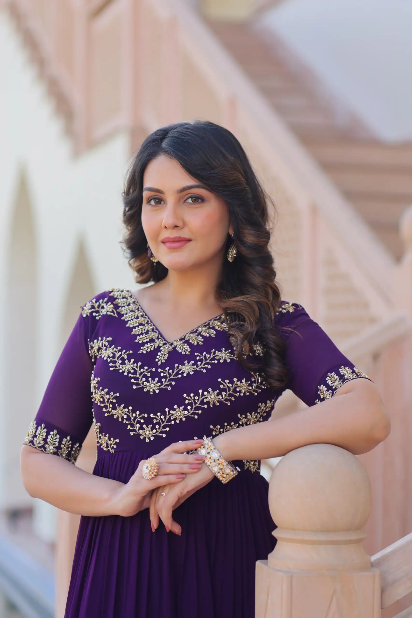 Purple Faux Blooming With Embroidery Work Gown | Gowns, Bollywood Gowns, Creative Gowns, Designer Gowns, Embroidered Gowns, Party Wear Gowns