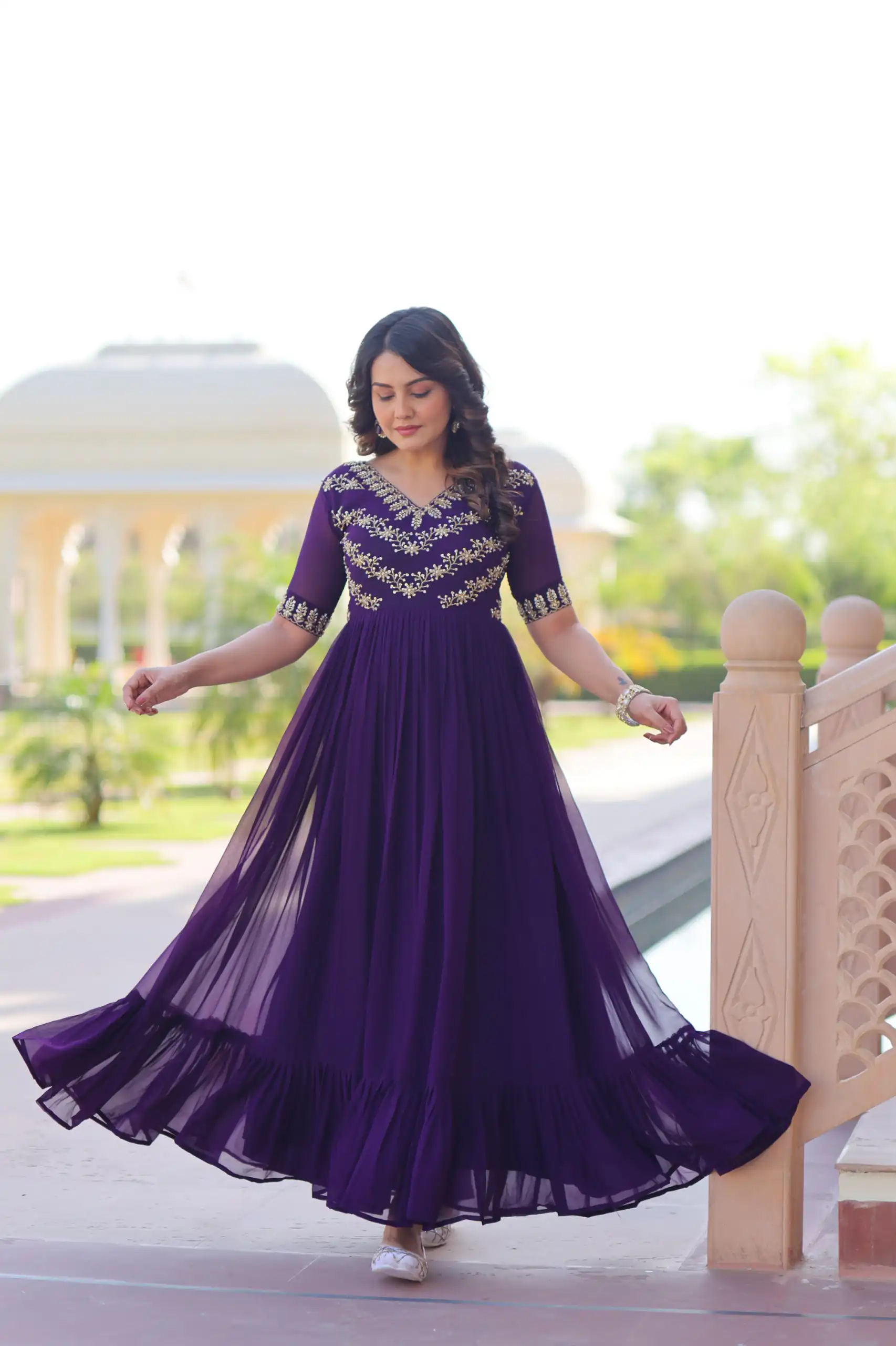 Purple Faux Blooming With Embroidery Work Gown | Gowns, Bollywood Gowns, Creative Gowns, Designer Gowns, Embroidered Gowns, Party Wear Gowns