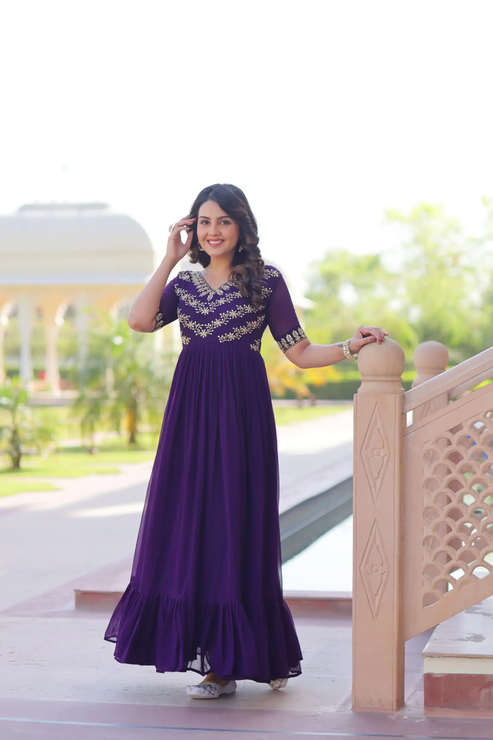 Purple Faux Blooming With Embroidery Work Gown | Gowns, Bollywood Gowns, Creative Gowns, Designer Gowns, Embroidered Gowns, Party Wear Gowns