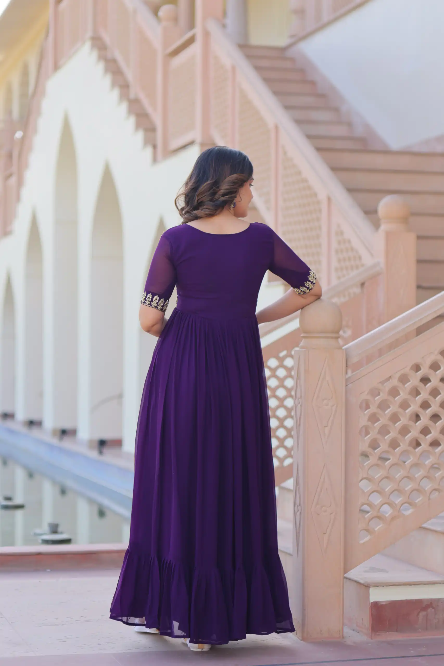 Purple Faux Blooming With Embroidery Work Gown | Gowns, Bollywood Gowns, Creative Gowns, Designer Gowns, Embroidered Gowns, Party Wear Gowns