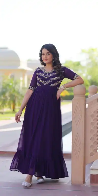 Purple Faux Blooming With Embroidery Work Gown | Gowns, Bollywood Gowns, Creative Gowns, Designer Gowns, Embroidered Gowns, Party Wear Gowns