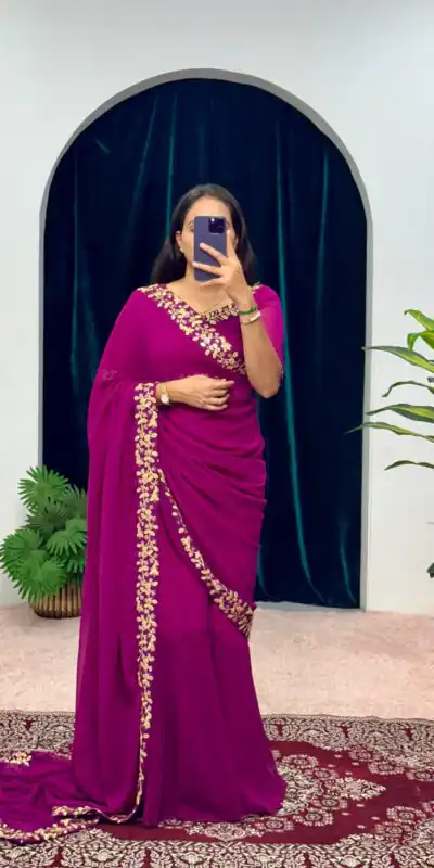 Purple Faux Georgette Embroidery Work Border Stitched Saree-Gown | Gowns, Bollywood Gowns, Creative Gowns, Designer Gowns, Embroidered Gowns, Party Wear Gowns, Straight Suits