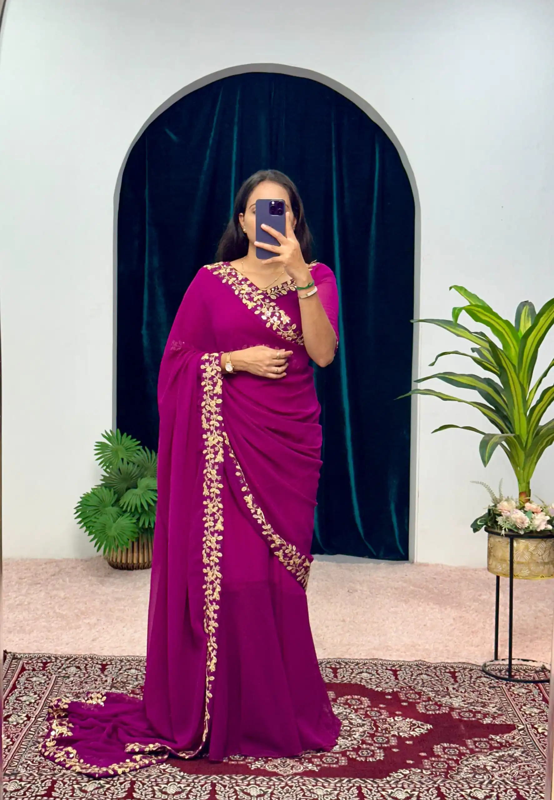 Purple Faux Georgette Embroidery Work Border Stitched Saree-Gown | Gowns, Bollywood Gowns, Creative Gowns, Designer Gowns, Embroidered Gowns, Party Wear Gowns, Straight Suits