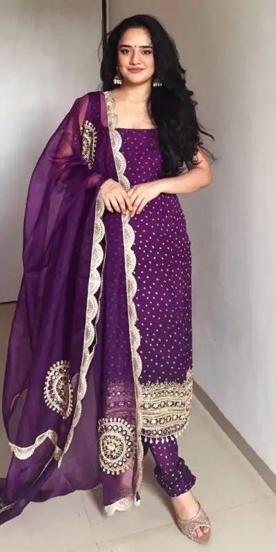 Purple Faux Georgette Mirror Embroidery Work Salwar Suit | Jump Suits, Salwar suit, Casual Suits, Creative suits, Designer Suits, Palazzo Suits, Party Wear Suits, Patiala Suits, Straight Suits