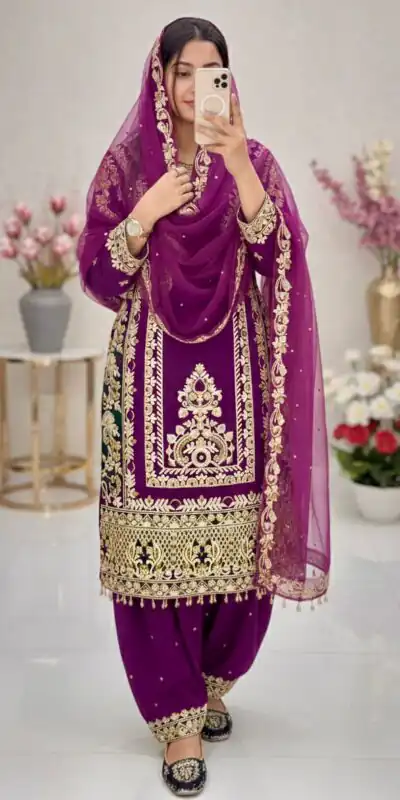 Purple Faux Georgette With Embroidery Work Salwar Suit | Jump Suits, Tops & Bottoms, Track Suits, Salwar suit, Casual Suits, Creative suits, Designer Suits, Palazzo Suits, Party Wear Suits, Patiala Suits, Straight Suits, Trendy Wear