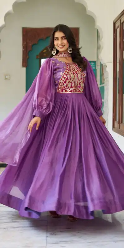 Purple Fendy Silk Embroidery Work Gown | Gowns, Bollywood Gowns, Creative Gowns, Designer Gowns, Embroidered Gowns, Party Wear Gowns
