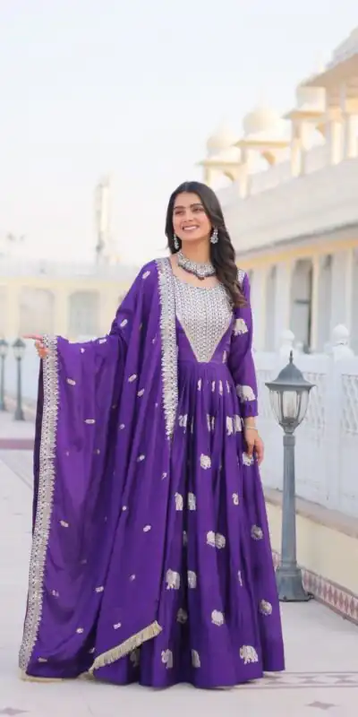 Purple Fox Georgette Embroidery Work Gown | Gowns, Bollywood Gowns, Creative Gowns, Designer Gowns, Embroidered Gowns, Party Wear Gowns