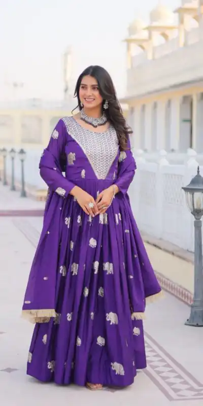 Purple Fox Georgette Embroidery Work Gown | Gowns, Bollywood Gowns, Creative Gowns, Designer Gowns, Embroidered Gowns, Party Wear Gowns