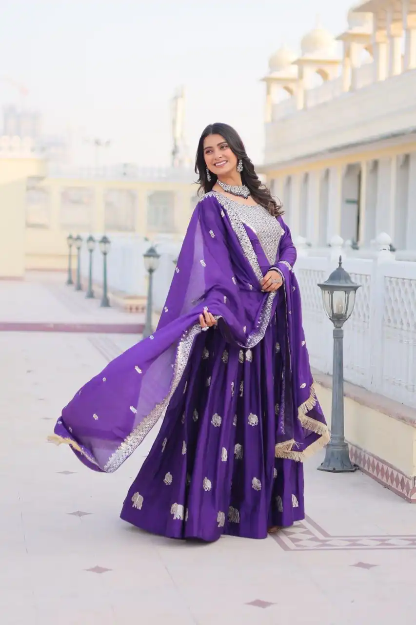 Purple Fox Georgette Embroidery Work Gown | Gowns, Bollywood Gowns, Creative Gowns, Designer Gowns, Embroidered Gowns, Party Wear Gowns