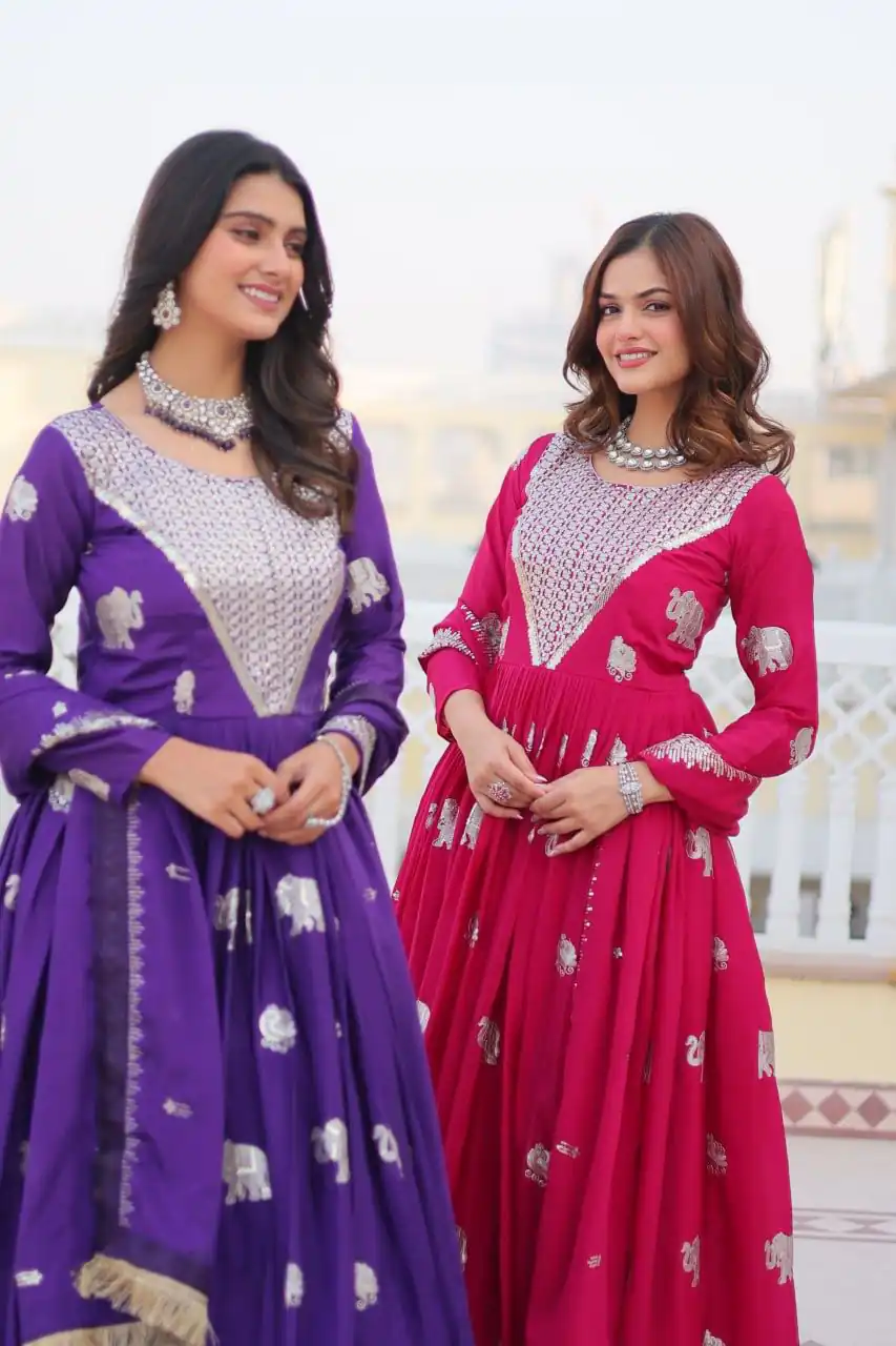 Purple Fox Georgette Embroidery Work Gown | Gowns, Bollywood Gowns, Creative Gowns, Designer Gowns, Embroidered Gowns, Party Wear Gowns