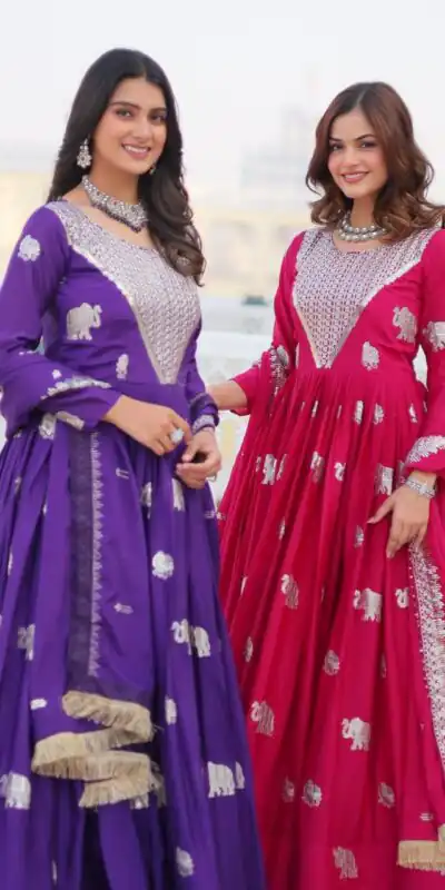 Purple Fox Georgette Embroidery Work Gown | Gowns, Bollywood Gowns, Creative Gowns, Designer Gowns, Embroidered Gowns, Party Wear Gowns