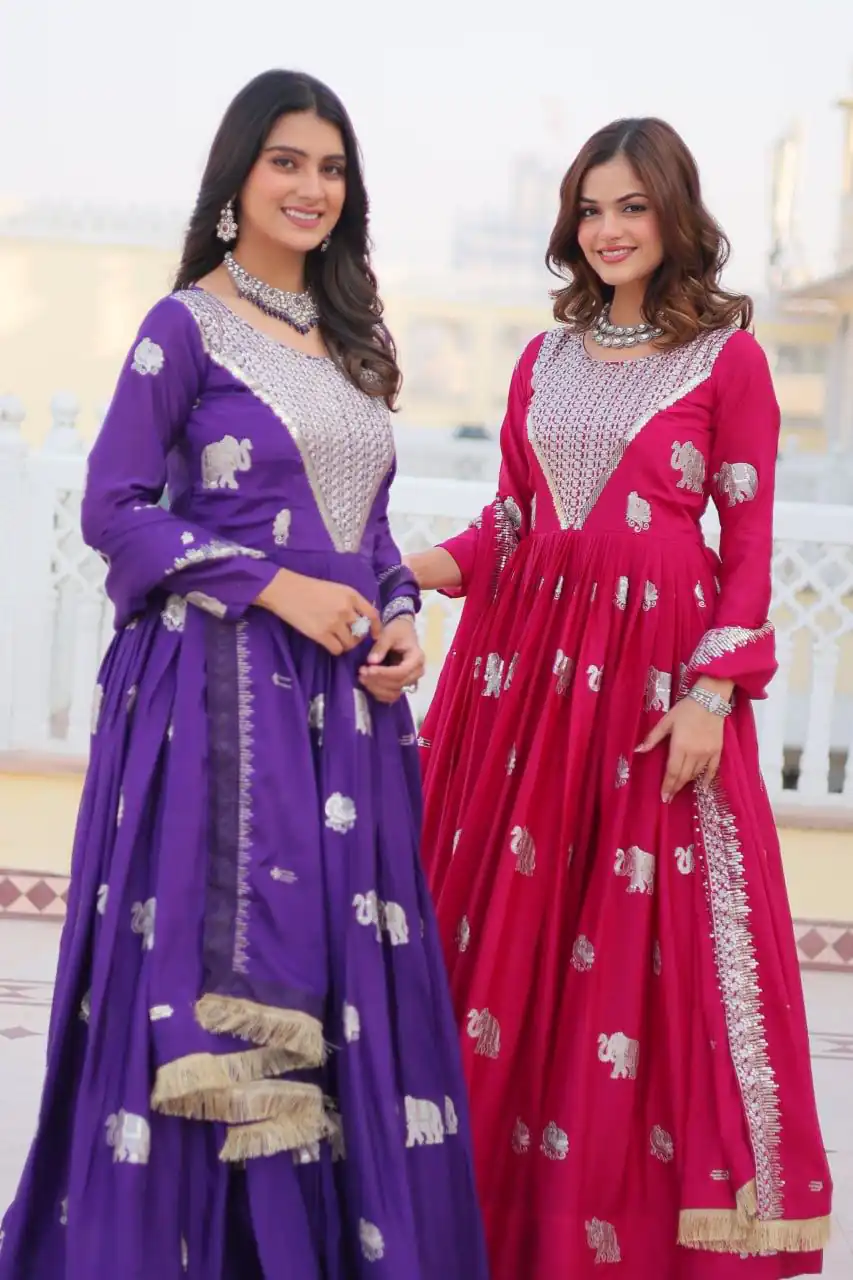 Purple Fox Georgette Embroidery Work Gown | Gowns, Bollywood Gowns, Creative Gowns, Designer Gowns, Embroidered Gowns, Party Wear Gowns