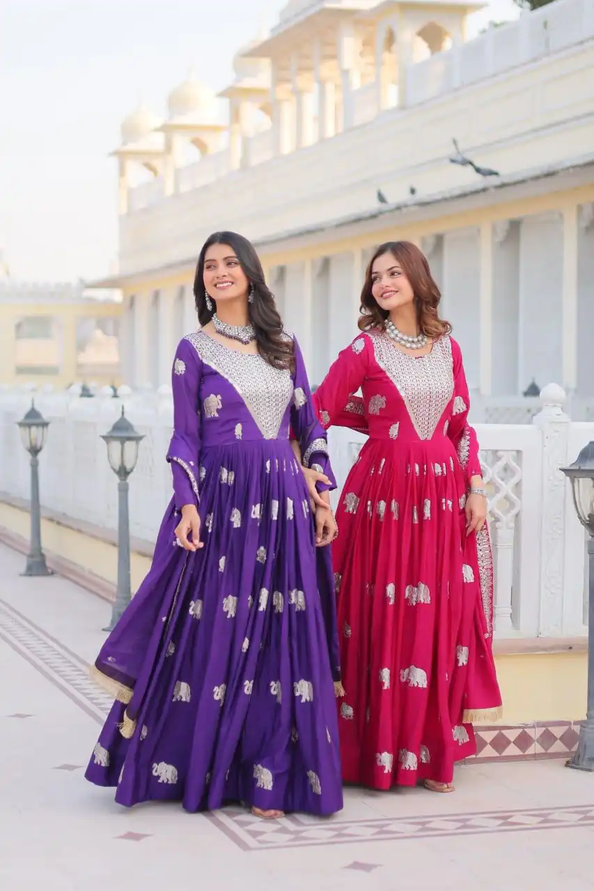Purple Fox Georgette Embroidery Work Gown | Gowns, Bollywood Gowns, Creative Gowns, Designer Gowns, Embroidered Gowns, Party Wear Gowns