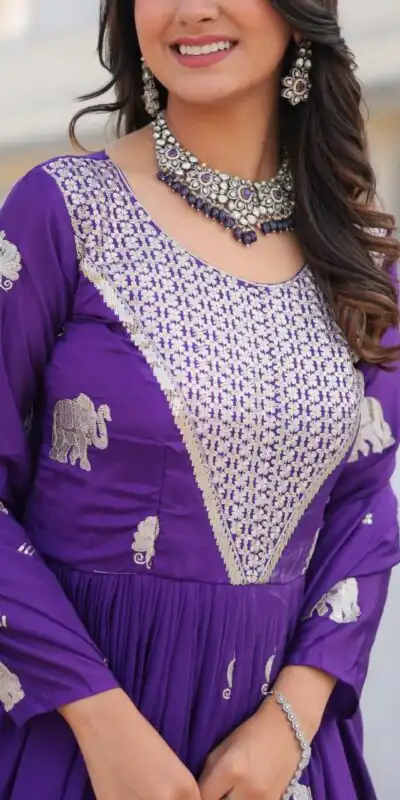 Purple Fox Georgette Embroidery Work Gown | Gowns, Bollywood Gowns, Creative Gowns, Designer Gowns, Embroidered Gowns, Party Wear Gowns