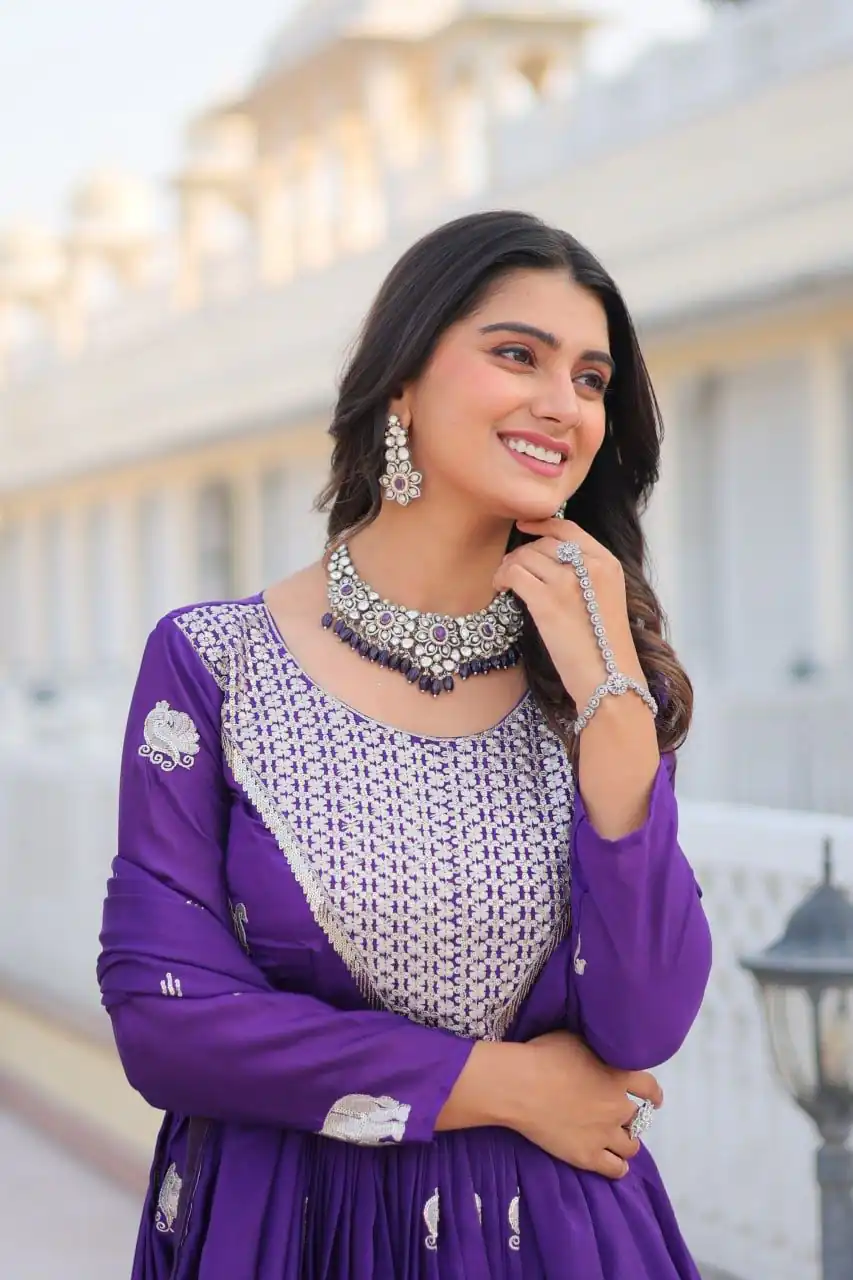 Purple Fox Georgette Embroidery Work Gown | Gowns, Bollywood Gowns, Creative Gowns, Designer Gowns, Embroidered Gowns, Party Wear Gowns