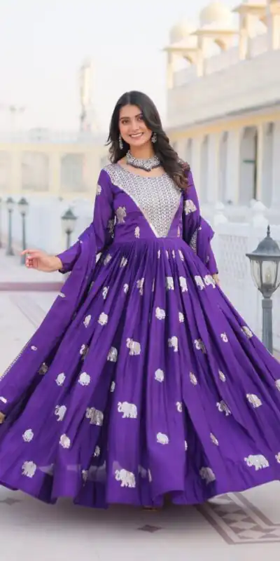Purple Fox Georgette Embroidery Work Gown | Gowns, Bollywood Gowns, Creative Gowns, Designer Gowns, Embroidered Gowns, Party Wear Gowns