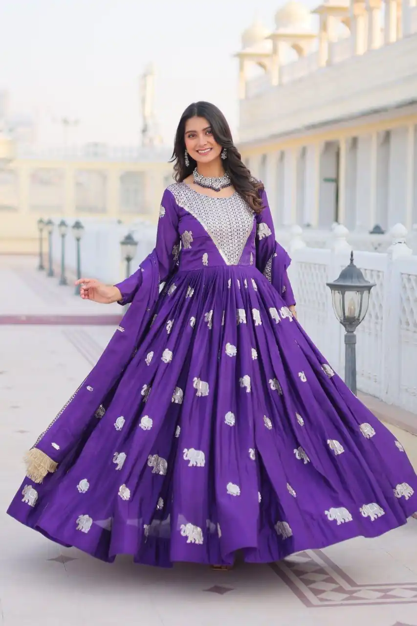 Purple Fox Georgette Embroidery Work Gown | Gowns, Bollywood Gowns, Creative Gowns, Designer Gowns, Embroidered Gowns, Party Wear Gowns