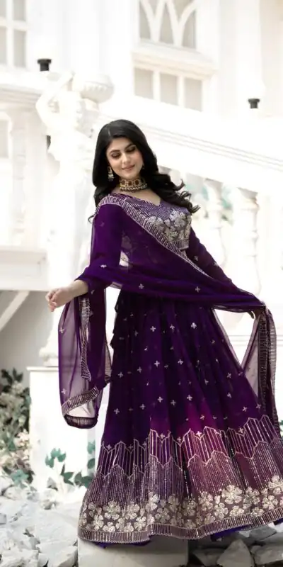 Purple Fox Georgette Embroidery Work Lehenga Choli | Lehenga, Bollywood Lehenga, Creative Lehenga, Designer Lehenga, Embroidered Lehenga, Party Wear Lehenga