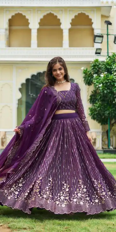 Purple Fox Georgette Sequence Work Lehenga Choli | Lehenga, Bollywood Lehenga, Creative Lehenga, Designer Lehenga, Embroidered Lehenga, Party Wear Lehenga