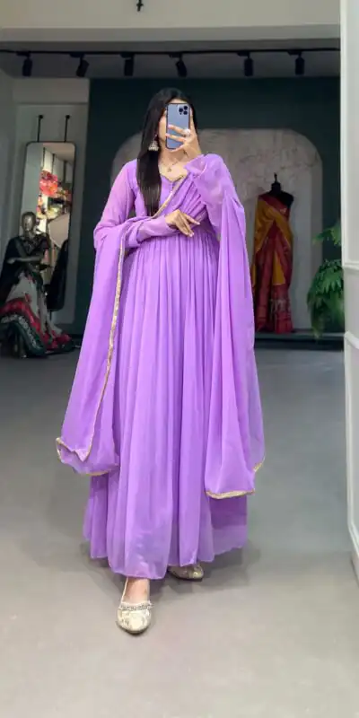 Purple Georgette Embroidery Gown | Gowns, Bollywood Gowns, Creative Gowns, Designer Gowns, Embroidered Gowns, Party Wear Gowns