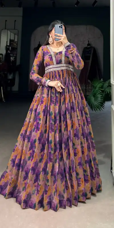 Purple Georgette Floral Gown | Gowns, Bollywood Gowns, Creative Gowns, Designer Gowns, Embroidered Gowns, Party Wear Gowns