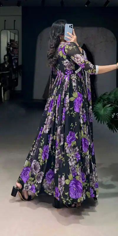 Purple Georgette Floral Printed Paper Mirror Lace Gown | Gowns, Bollywood Gowns, Creative Gowns, Designer Gowns, Embroidered Gowns, Party Wear Gowns