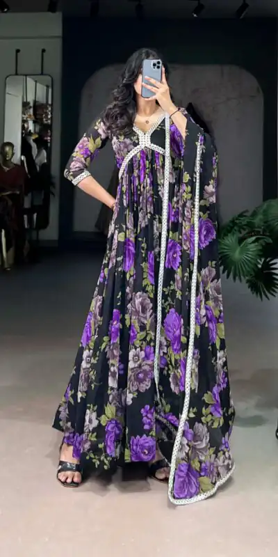 Purple Georgette Floral Printed Paper Mirror Lace Gown | Gowns, Bollywood Gowns, Creative Gowns, Designer Gowns, Embroidered Gowns, Party Wear Gowns