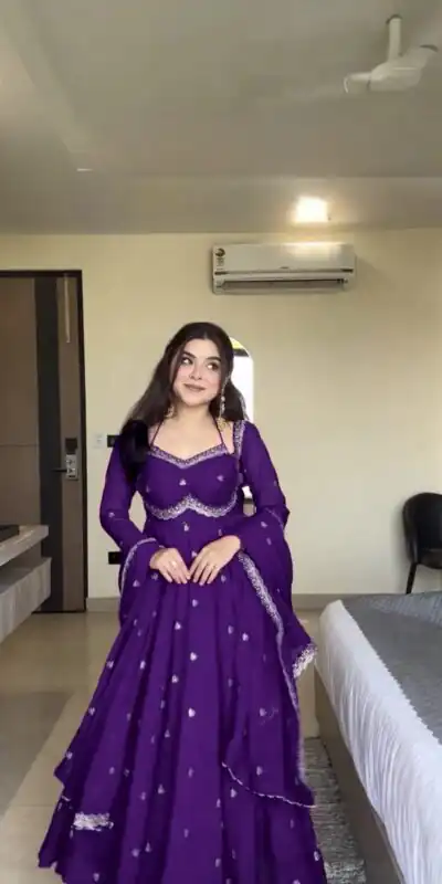 Purple Georgette Sequence Gown | Gowns, Bollywood Gowns, Creative Gowns, Designer Gowns, Embroidered Gowns, Party Wear Gowns