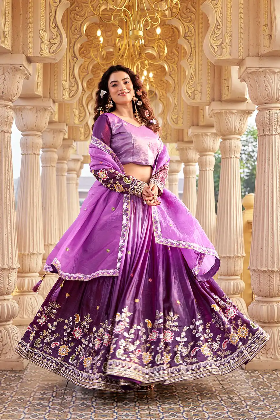 Purple Gold Crush Embroidery Work Lehenga Choli | Lehenga, Bollywood Lehenga, Creative Lehenga, Designer Lehenga, Embroidered Lehenga, Party Wear Lehenga