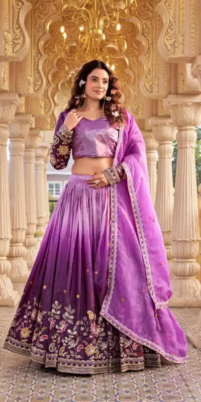 Purple Gold Crush Embroidery Work Lehenga Choli | Lehenga, Bollywood Lehenga, Creative Lehenga, Designer Lehenga, Embroidered Lehenga, Party Wear Lehenga