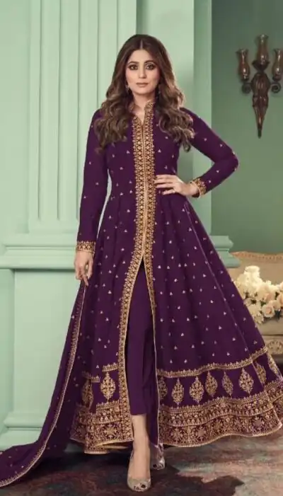 Purple Heavy Georgette Embroidery Sharara Suit | Jump Suits, Salwar suit, Casual Suits, Creative suits, Designer Suits, Palazzo Suits, Party Wear Suits, Patiala Suits, Straight Suits