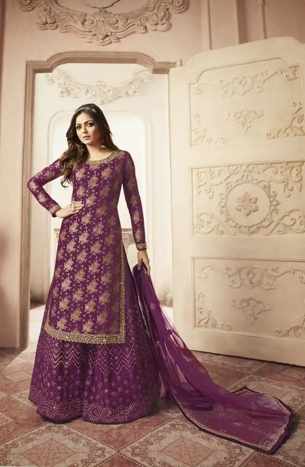 Purple Jacquard Silk Georgette Diamond Sharara Suit | Jump Suits, Salwar suit, Casual Suits, Creative suits, Designer Suits, Palazzo Suits, Party Wear Suits, Patiala Suits, Straight Suits
